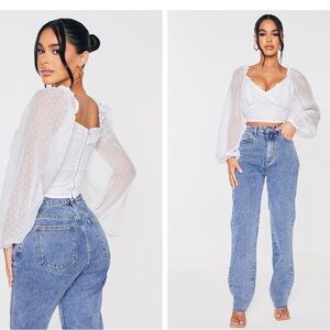 PrettyLittleThing White Dobby Mesh Chiffon Sweetheart Blouse Size 0/XS